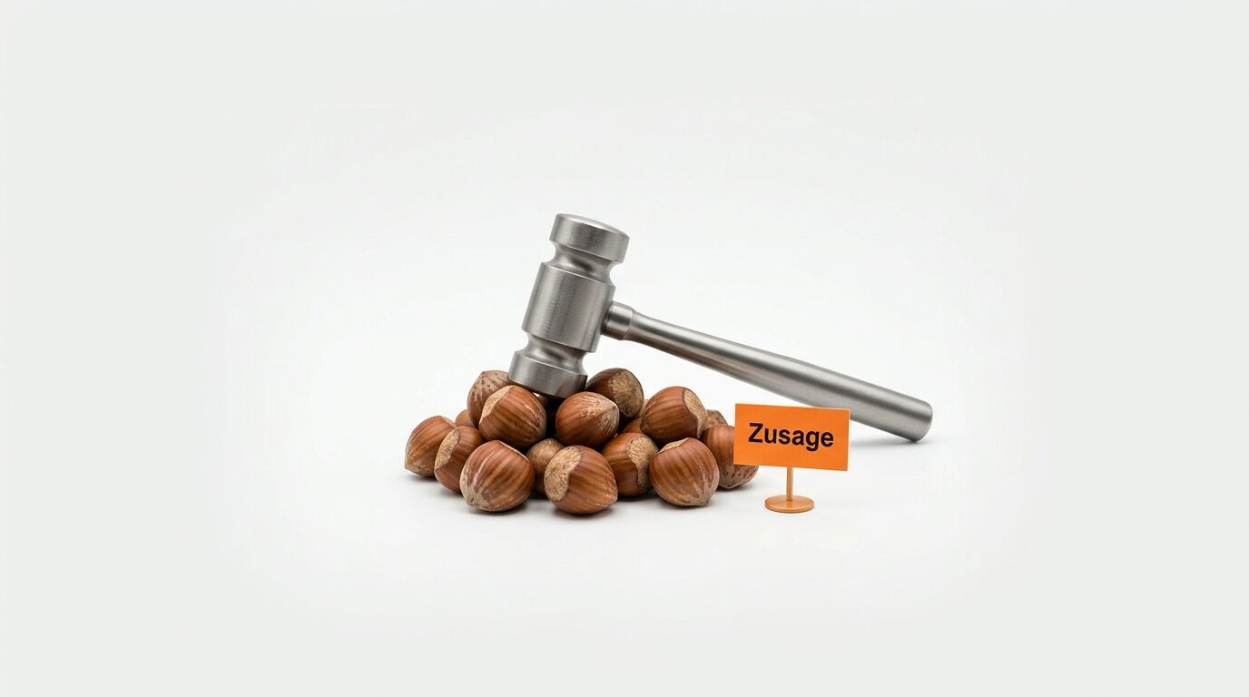 Metallhammer liegt auf Haselnüssen, daneben ein oranges Schild mit der Aufschrift „Zusage“
