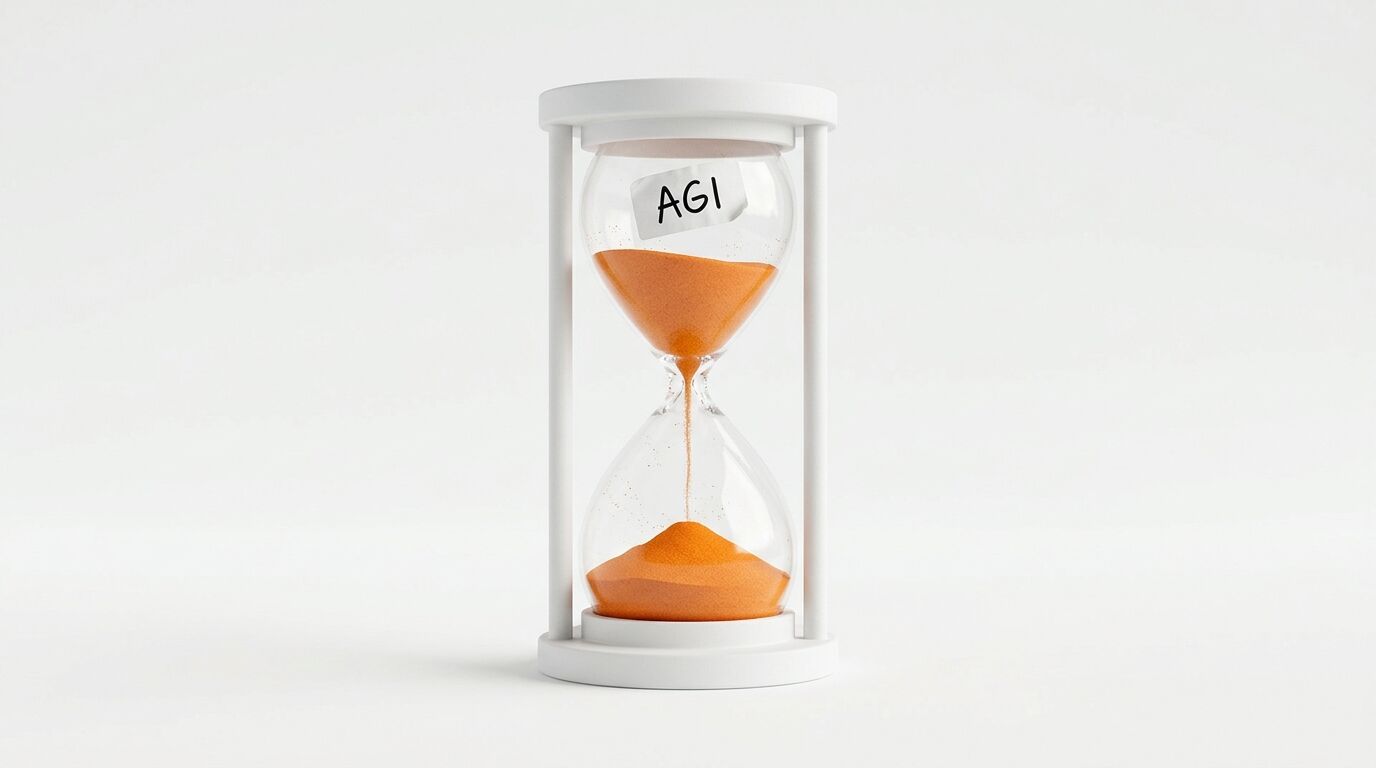 Sanduhr mit orangem Sand und Etikett „AGI“ oben, auf weißem Grund