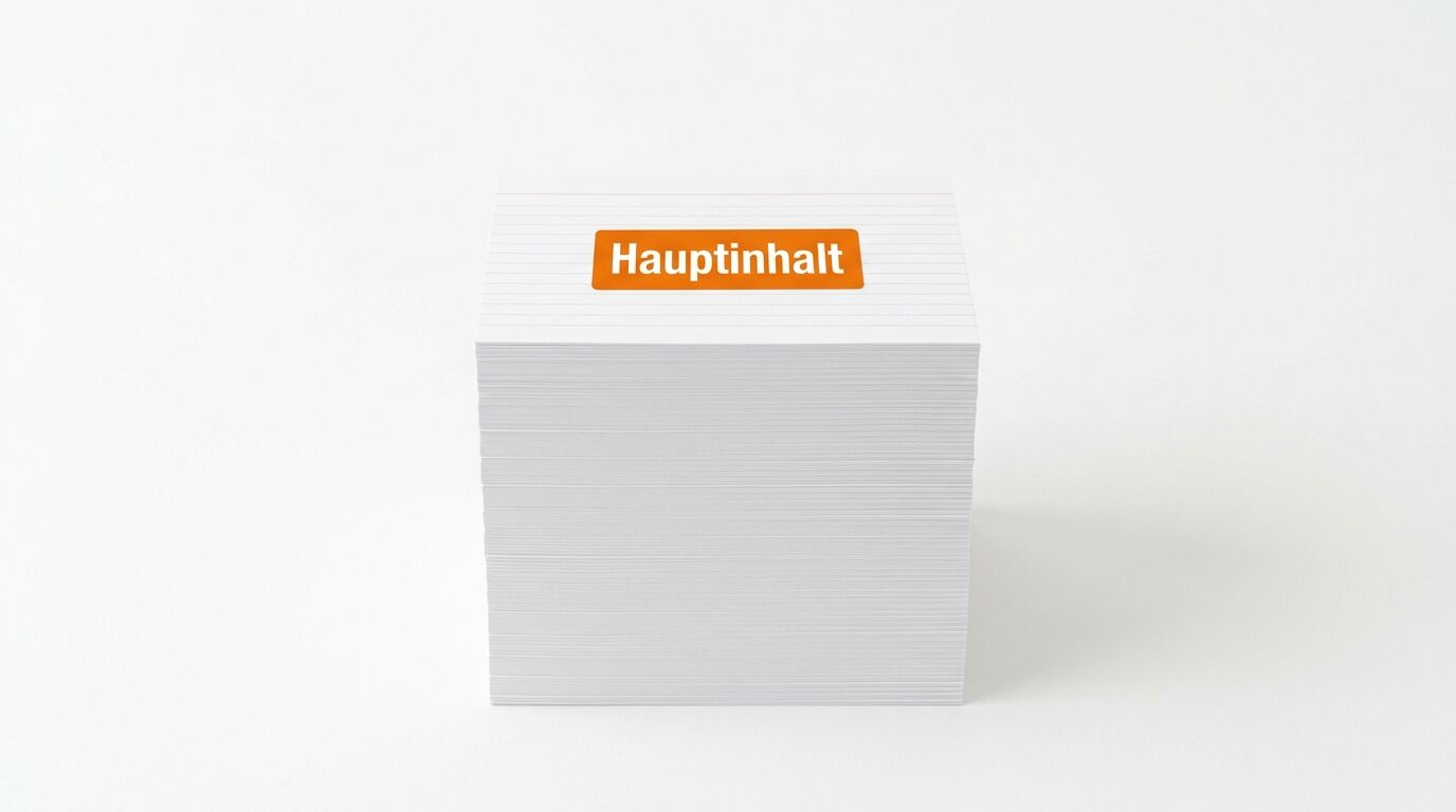 Stapel weißer Notizzettel, oben orangefarbenes Etikett mit Aufschrift