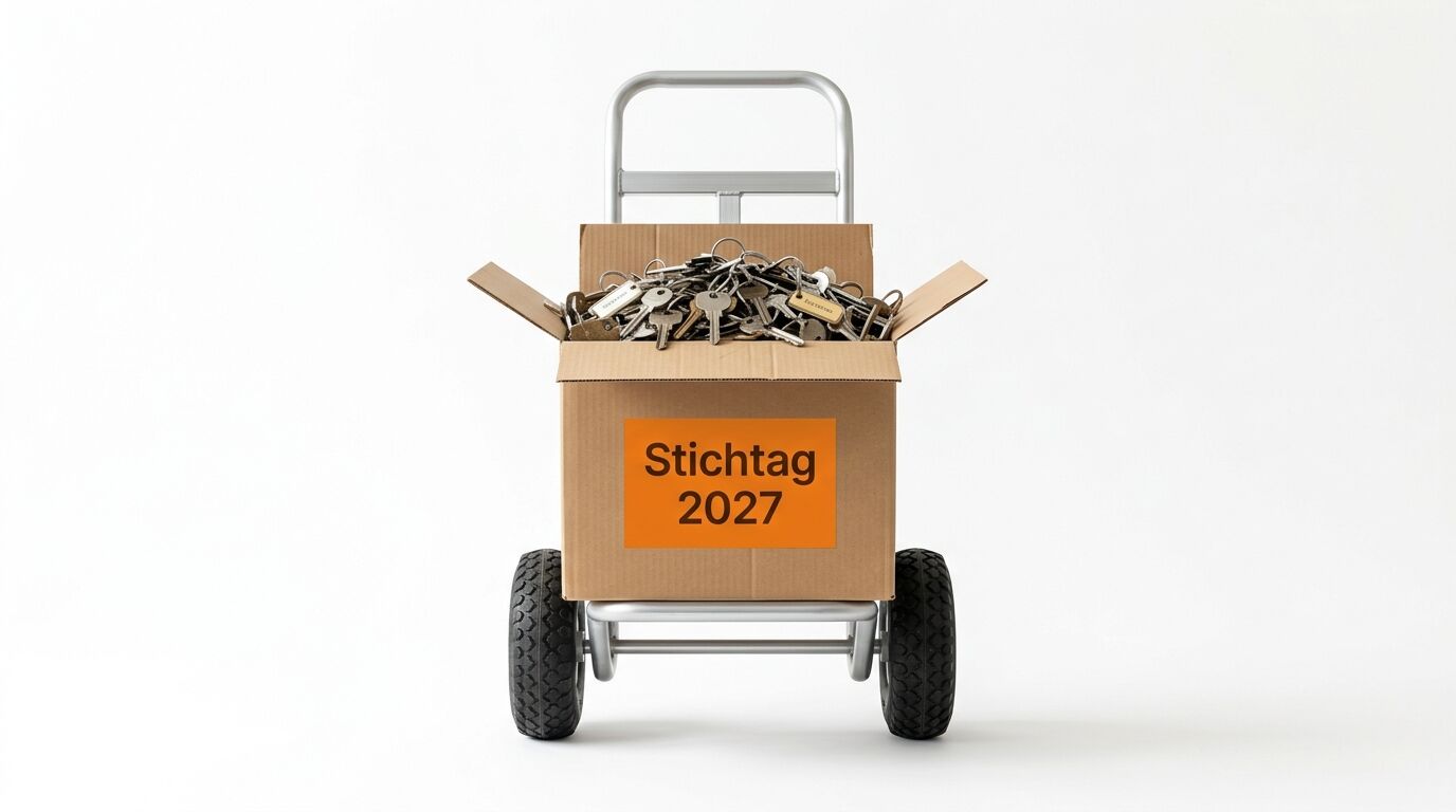 Handwagen mit Karton gefüllt mit Schlüsseln, Aufschrift "Stichtag 2027" auf orangem Etikett