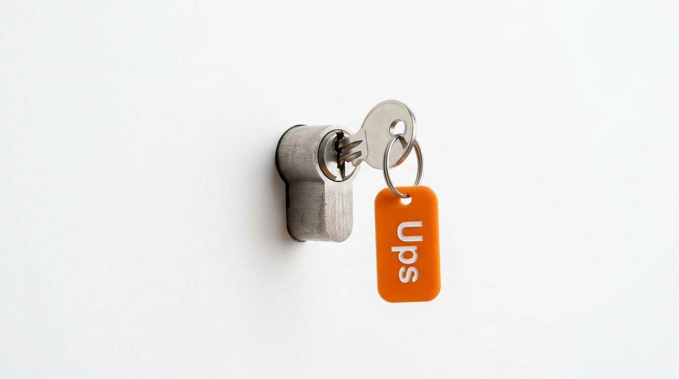 Ein Schloss mit eingefügtem Schlüssel und einem orange-weißen Anhänger mit der Aufschrift "sdu" auf weißem Hintergrund