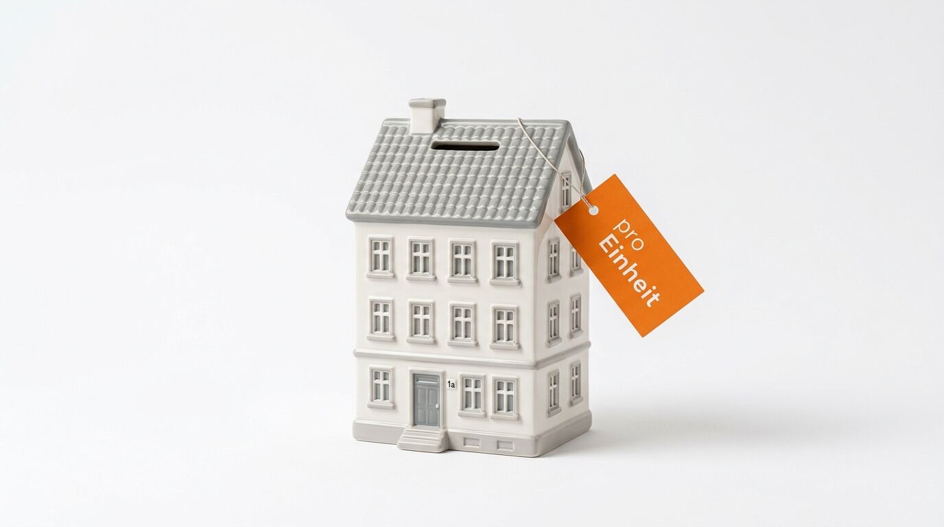 Miniaturhaus mit grauem Dach und weißer Fassade, an dem ein oranges Etikett mit "DØ Enneit" hängt