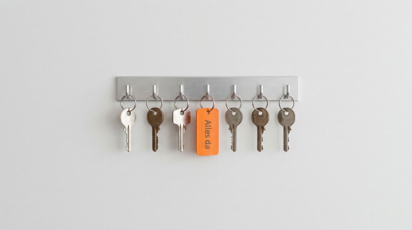 Schlüsselbrett mit sieben Schlüsseln und einem orangefarbenen Etikett mit der Aufschrift "Alles da"