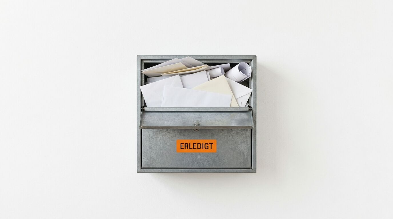 Metallischer Briefkasten mit orangem "ERLEDIGT"-Schild, gefüllt mit Papieren und Dokumenten gegen weißem Hintergrund