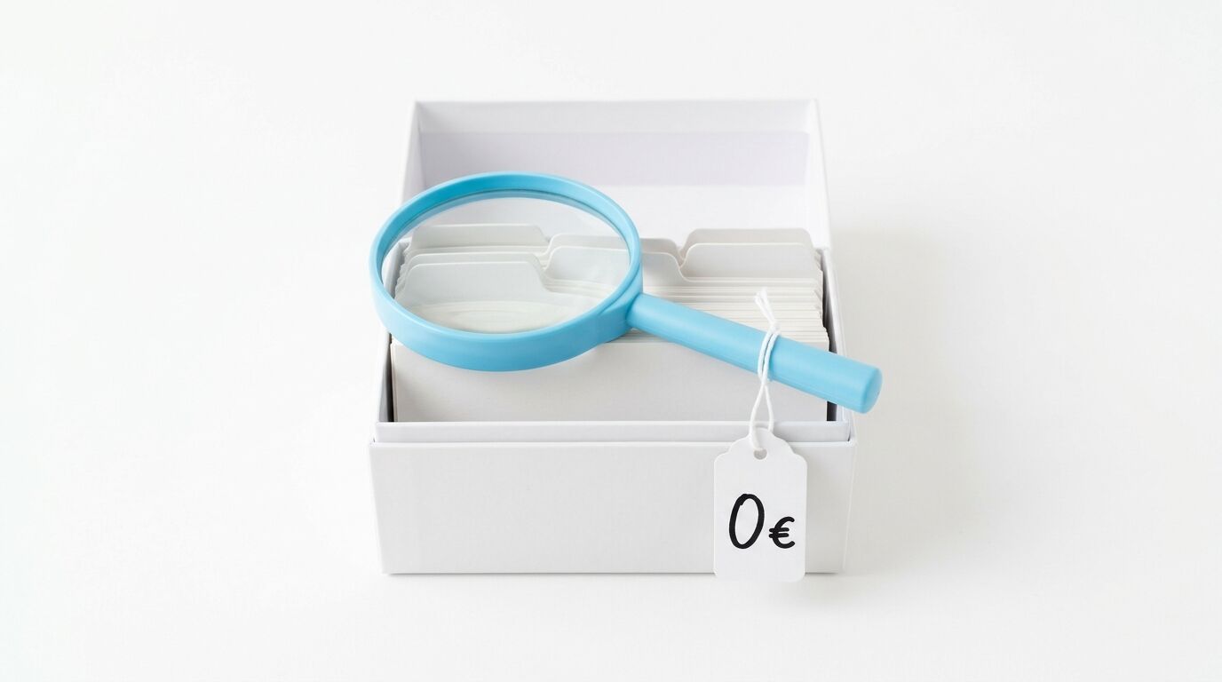 Blaue Lupe auf Karteikarten in weißer Box, davor ein Etikett mit der Aufschrift „0 €“