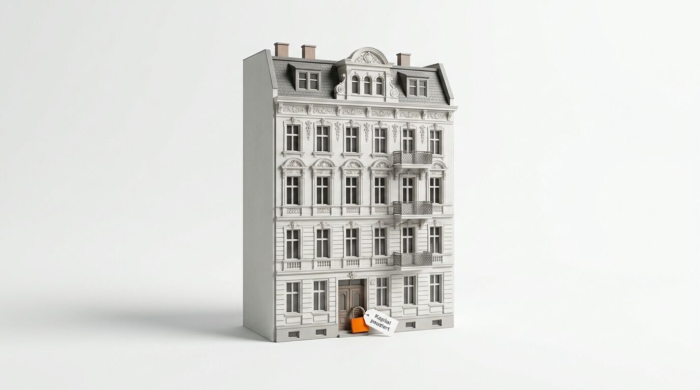 Modell eines Hauses im Gründerzeitstil mit Schloss und einem Schild „Kapital pausiert“ vor weißem Hintergrund