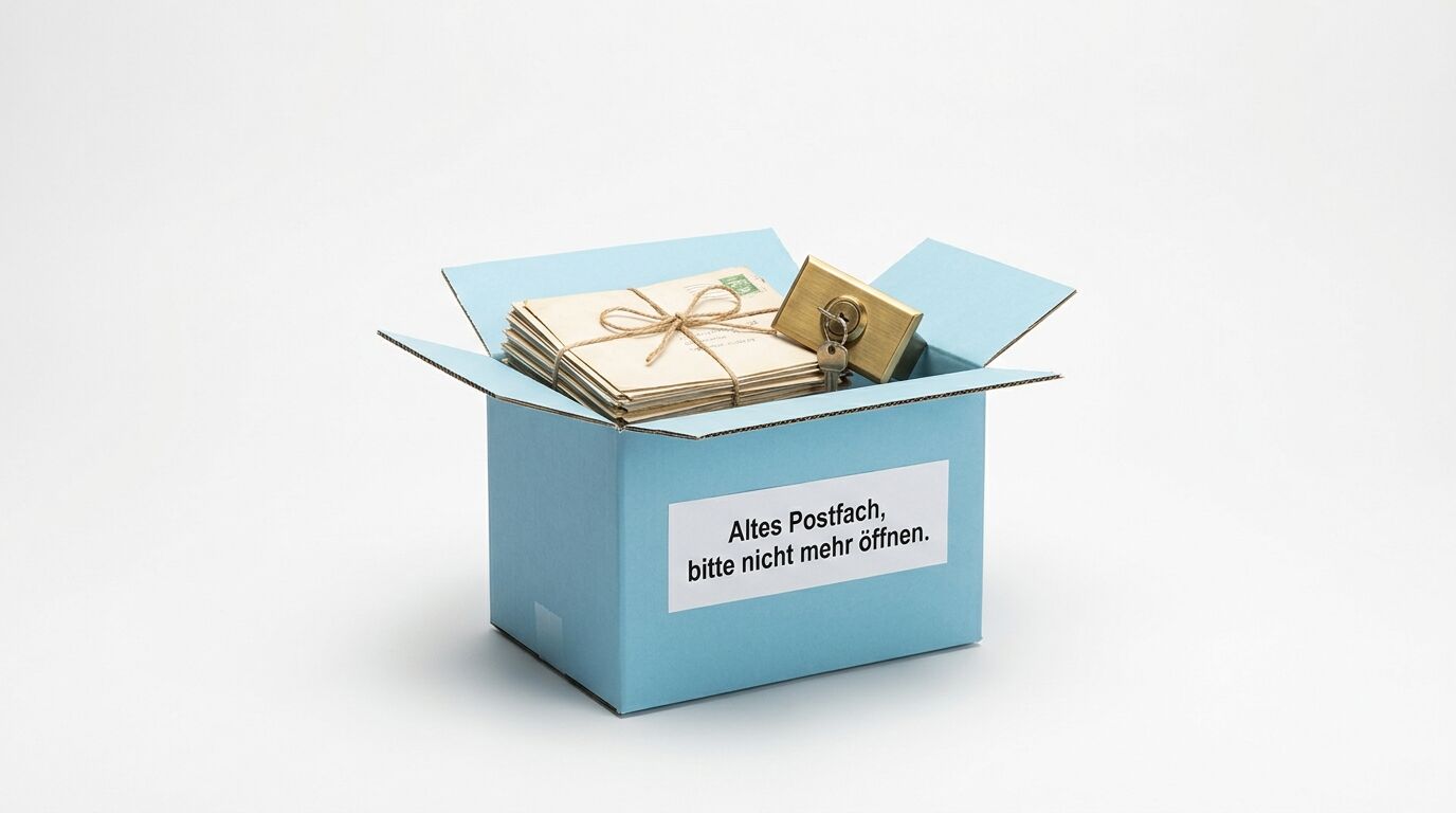 Hellblauе Kartonbox mit Aufschrift "Altes Postfach, bitte nicht mehr öffnen" enthält alte Briefe und ein Vorhängeschloss
