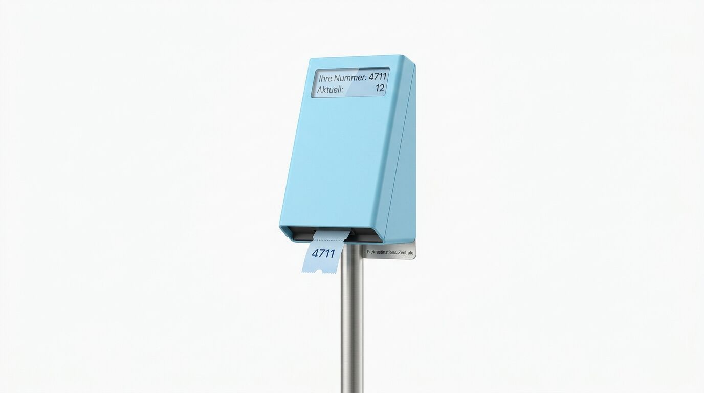 Blauer Behälter mit Display auf Metallstab. Zeigt Nummer 4711 und Wert 12. Ausgabeschlitz sichtbar