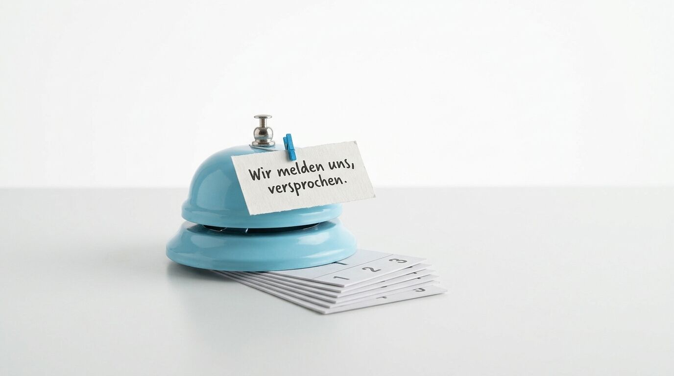 Eine blaue Rezeptionsglocke mit einer Notiz "Wir melden uns; versprochen" und gestapelten Karteikarten daneben