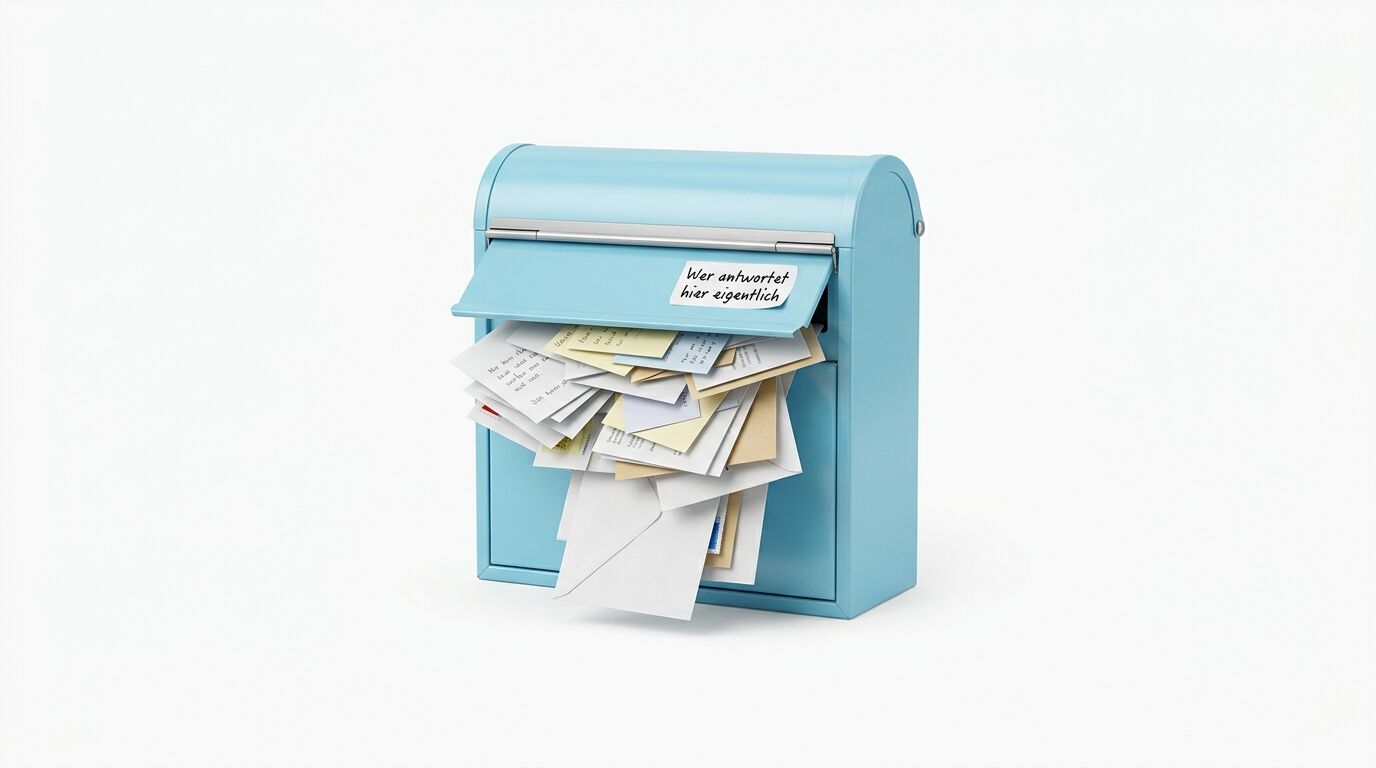 Blauer Briefkasten mit überquellendem Inhalt. Auf dem Deckel ein Schild mit der Aufschrift "Wer antwortet hier eigentlich"