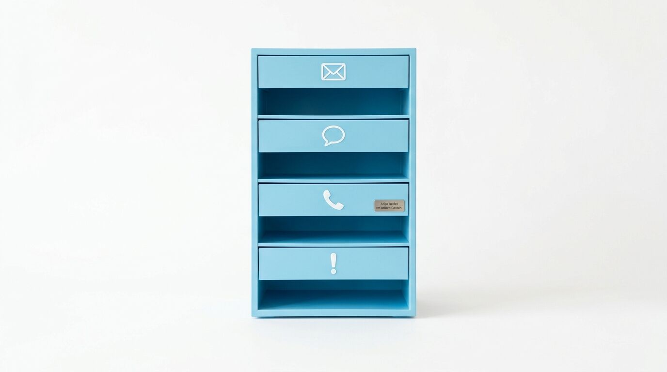 Ein türkises Regal mit vier Fächern, gekennzeichnet durch Icons für E-Mail, Chat, Telefon und Benachrichtigungen
