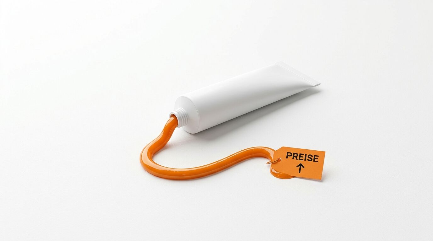 Eine Tube, aus der orangefarbene Paste austritt, an der ein Schild mit der Aufschrift „PREISE ↑“ befestigt ist