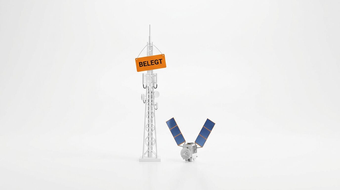 Ein Sendemast mit dem orangen Schild „BELEGT“ und ein Satellitenmodell auf weißem Grund