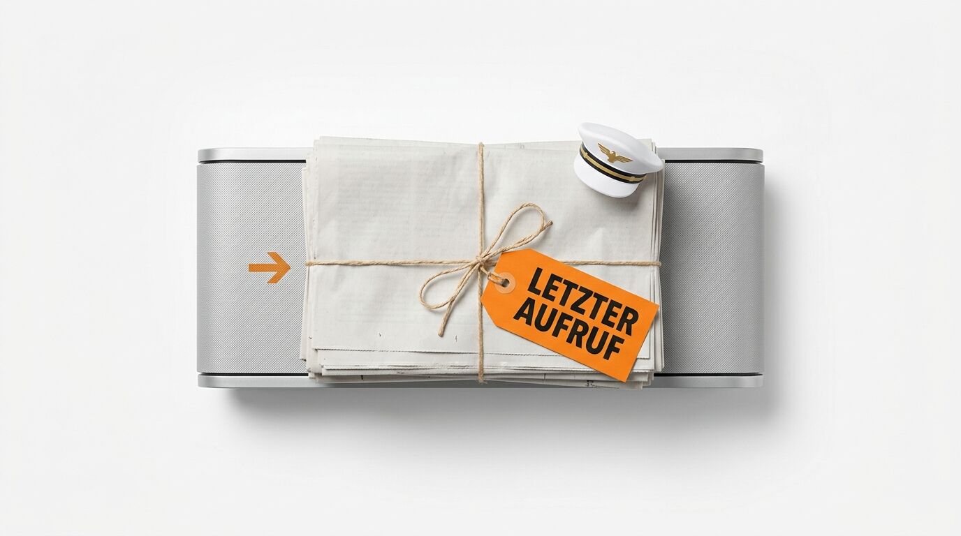 Zeitungspaket auf Metallbox mit Pilotenmütze und orangefarbenem Schild „LETZTER AUFRUF“