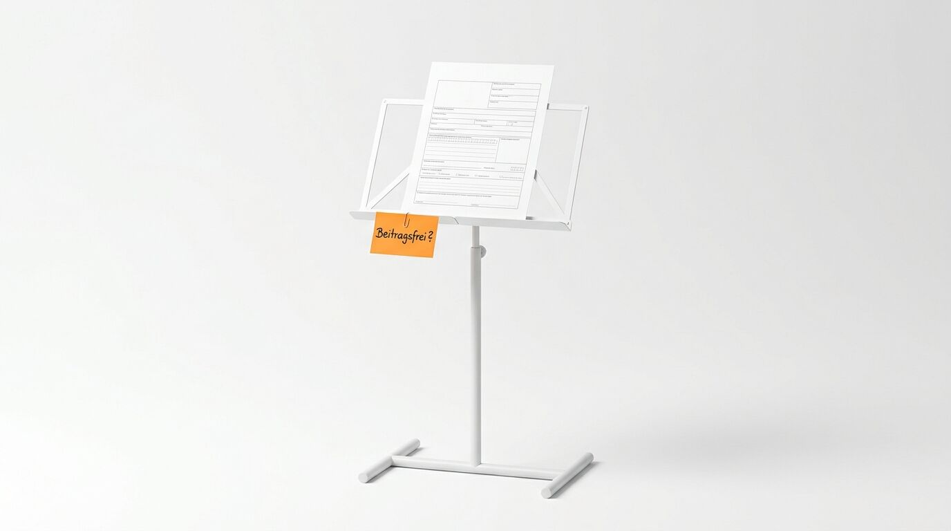 Ein weißes Notenpult mit einem Formular und einer orangefarbenen Haftnotiz, die die Aufschrift „Beitragsfrei?“ trägt