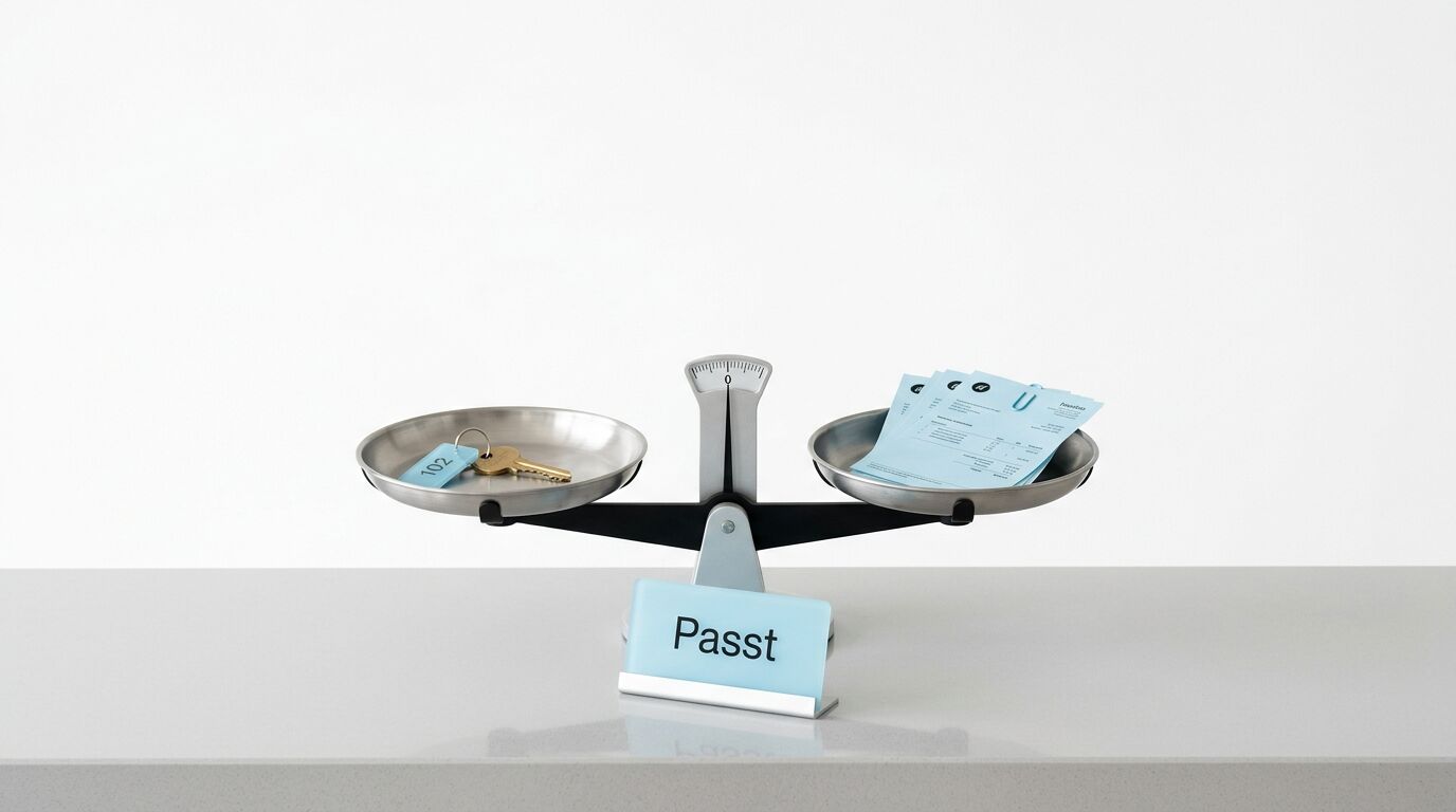 Eine Waage mit der Aufschrift "Passt" zeigt auf beiden Seiten gleich schwere Objekte: links einen Schlüssel, rechts Dokumente