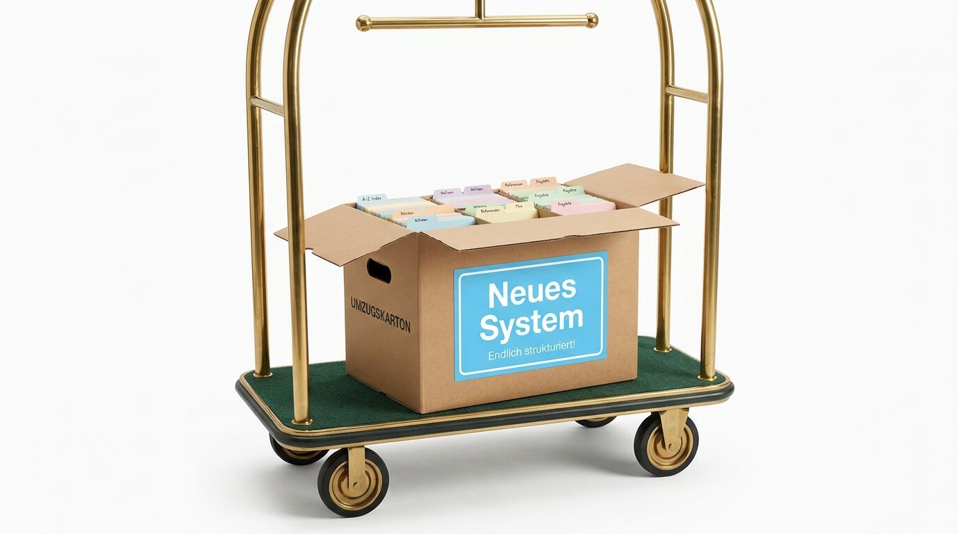 Hotelkarre aus Messing mit grüner Plattform, darauf ein Umzugskarton mit Beschriftung "Neues System - Endlich strukturiert!" und sortierten Karteiboxen