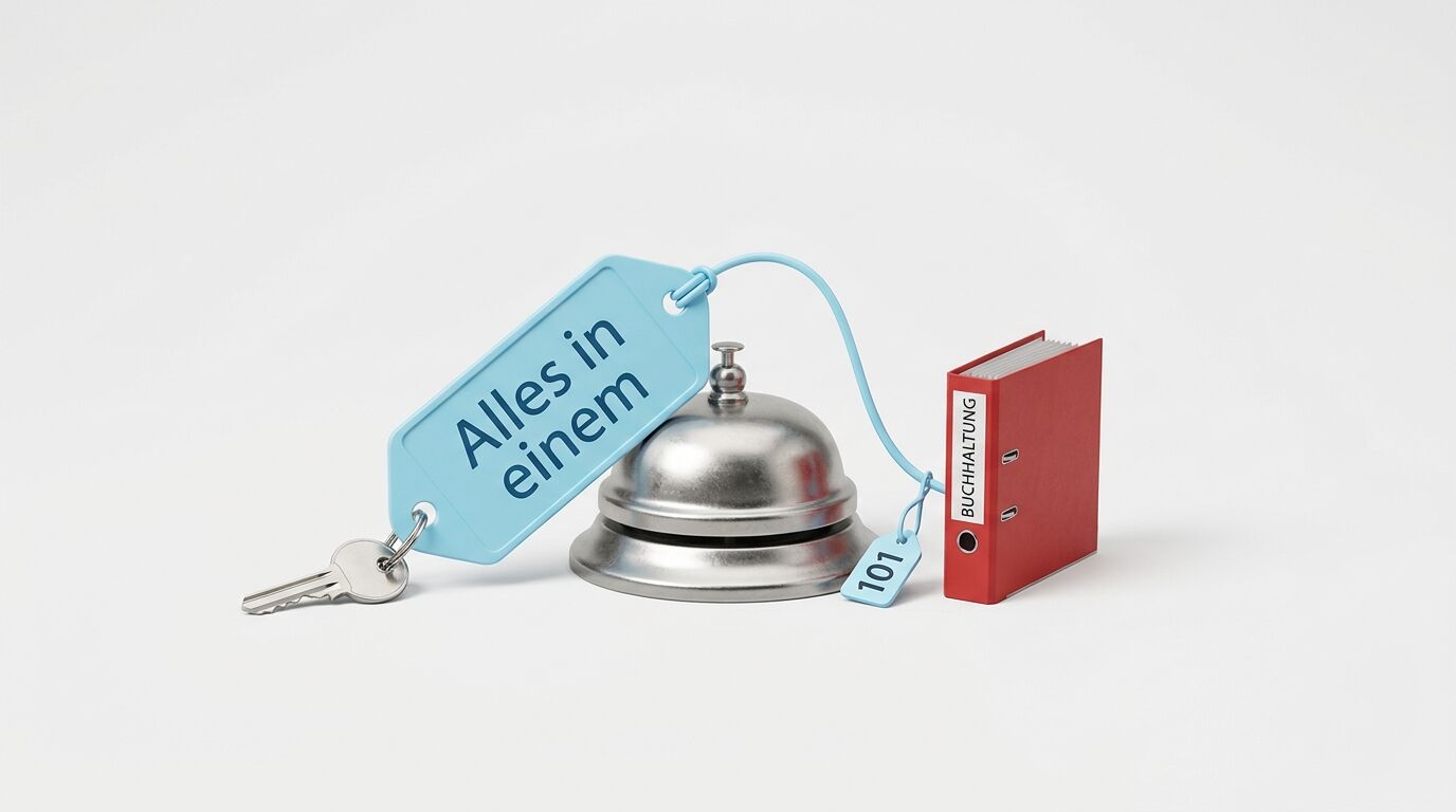 Hotelklingel mit Schlüssel, blauem Etikett "Alles in einem" und rotem Buchungsordner auf grauem Hintergrund