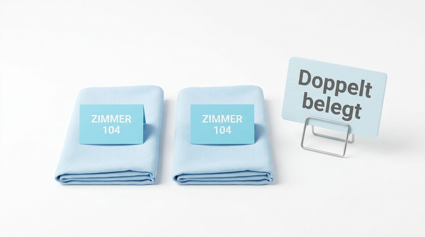 Zwei hellblaue Handtücher mit "ZIMMER 104" Etiketten und ein Schild "Doppelt belegt" auf Ständer