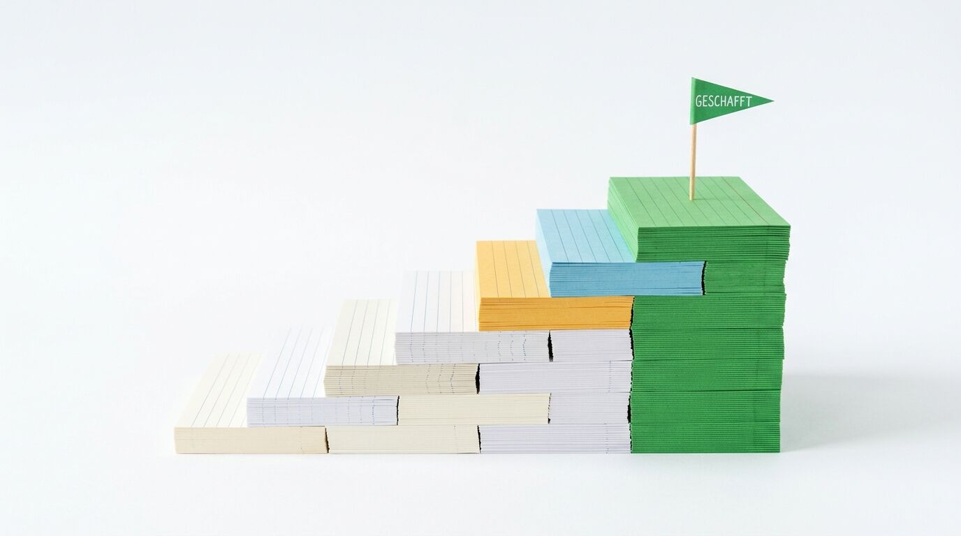 Treppenstufiges Stapel aus bunten Notizbüchern mit grüner Flagge oben, beschriftet "GESCHAFFT"