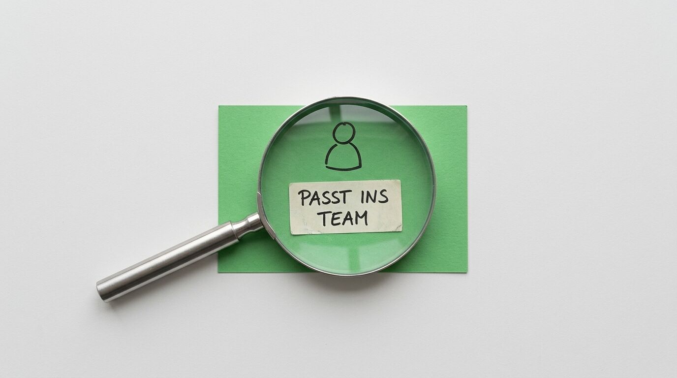Lupe über grünem Papier mit Personensymbol und Notiz "PASST INS TEAM" auf grauem Hintergrund