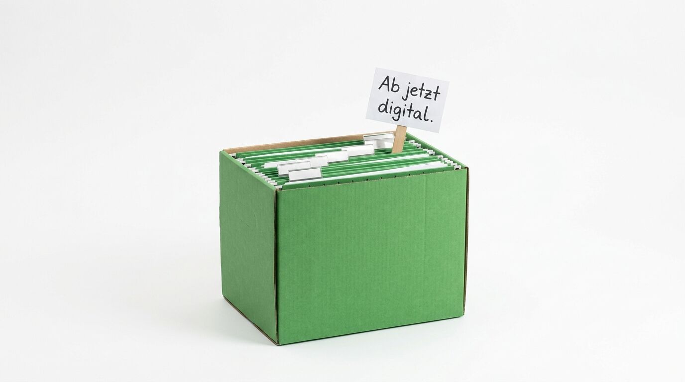 Grüne Archivbox mit Hängemappen und Schild "Ab jetzt digital" auf weißem Hintergrund