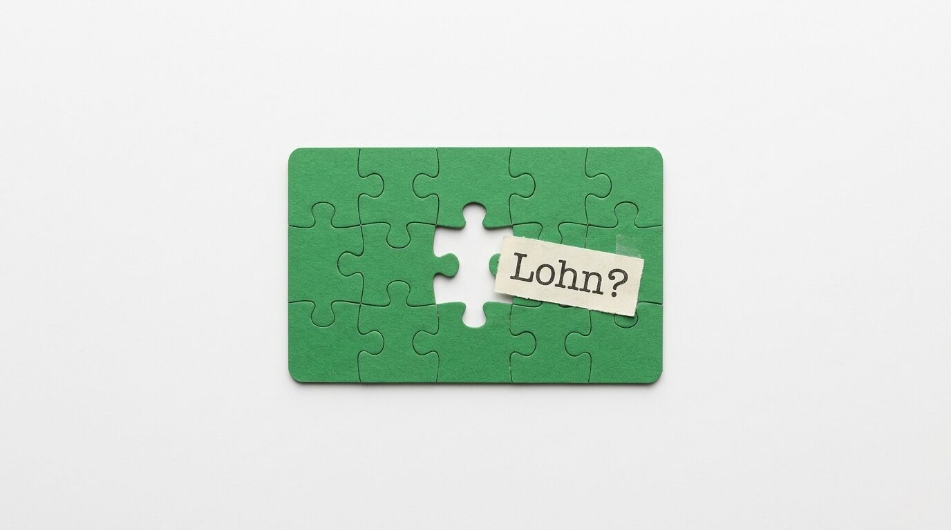 Grünes Puzzle mit fehlendem Teil und Notiz "Lohn?" auf weißem Hintergrund
