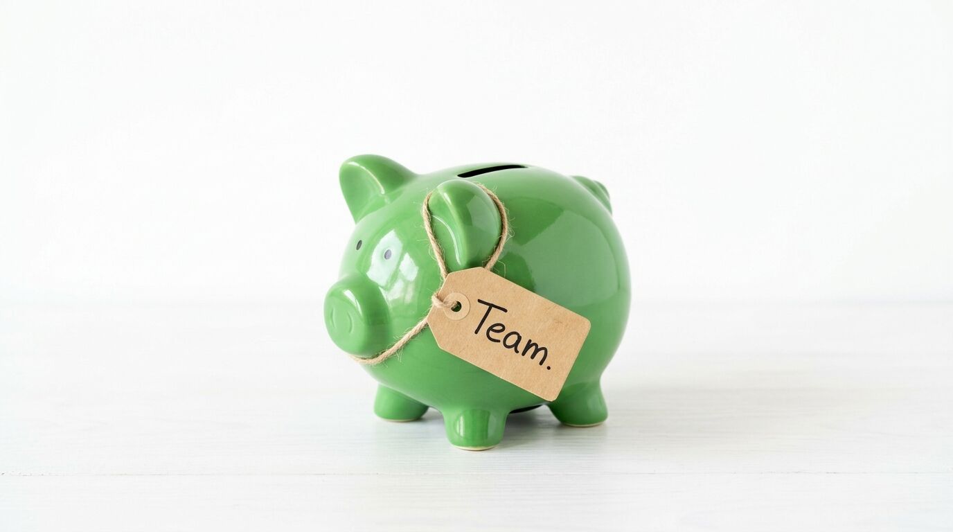 Grünes Sparschwein mit braunem Etikett beschriftet mit "Team" auf weißem Hintergrund