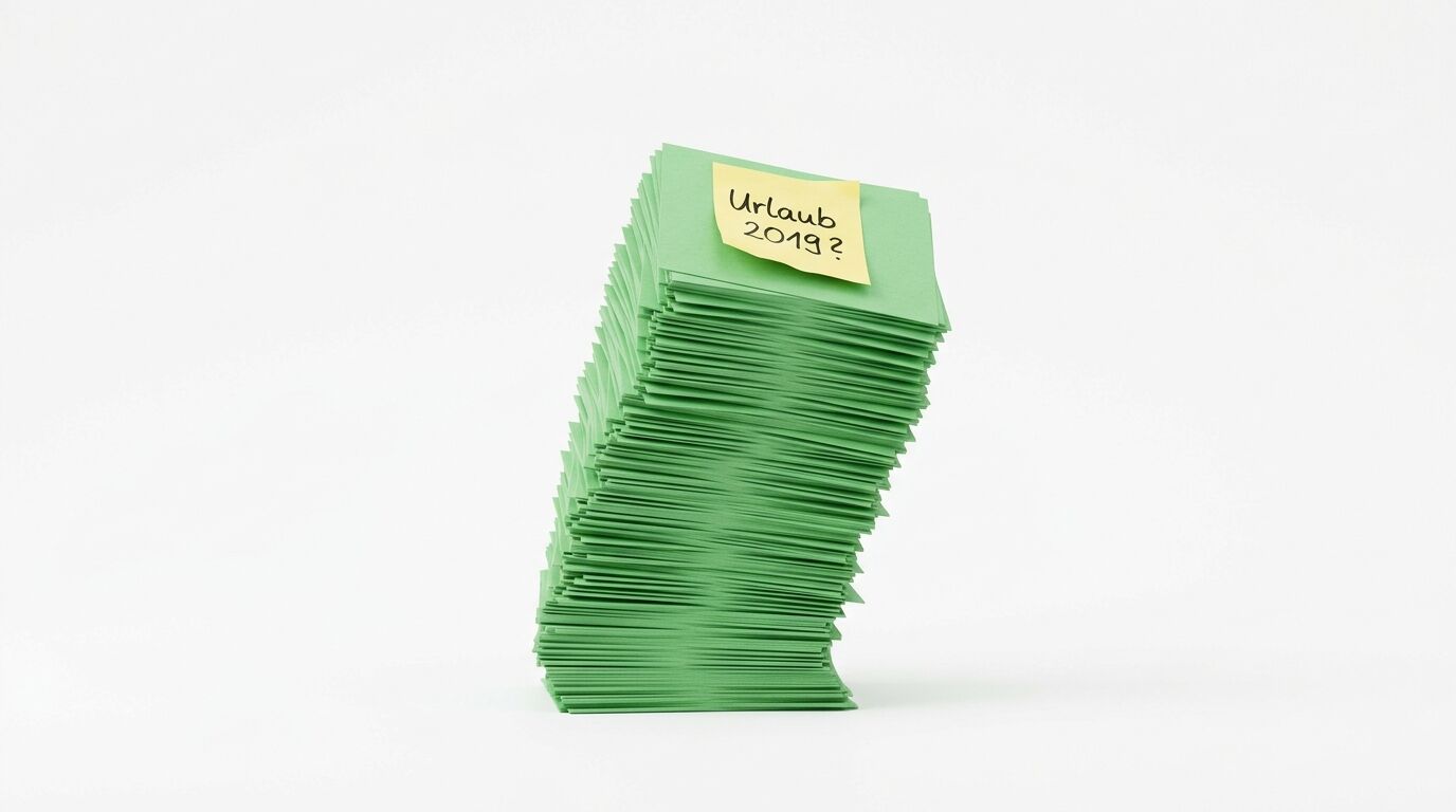 Ein Stapel grüner Papierblätter mit gelbem Notizzettel oben beschriftet mit "Urlaub 2019"