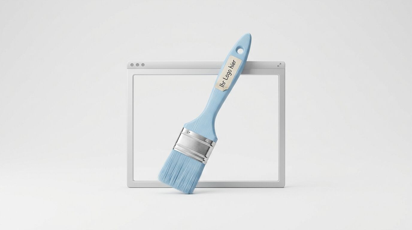 Ein blauer Pinsel mit silberner Fassung liegt diagonal über einem leeren Macbook-Fenster auf grauem Hintergrund