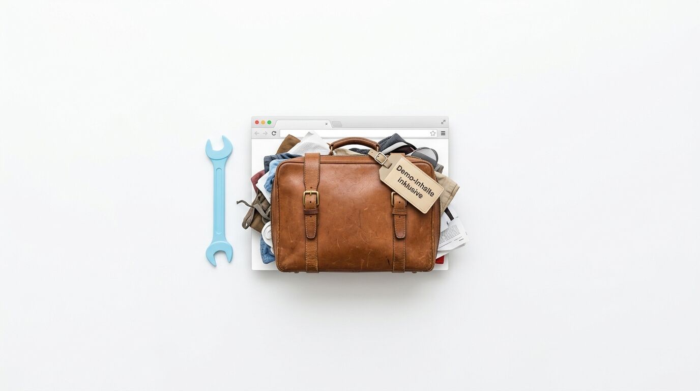 Braune Lederreisetasche in Browser-Fenster mit Werkzeugschlüssel und Etikett auf weißem Hintergrund