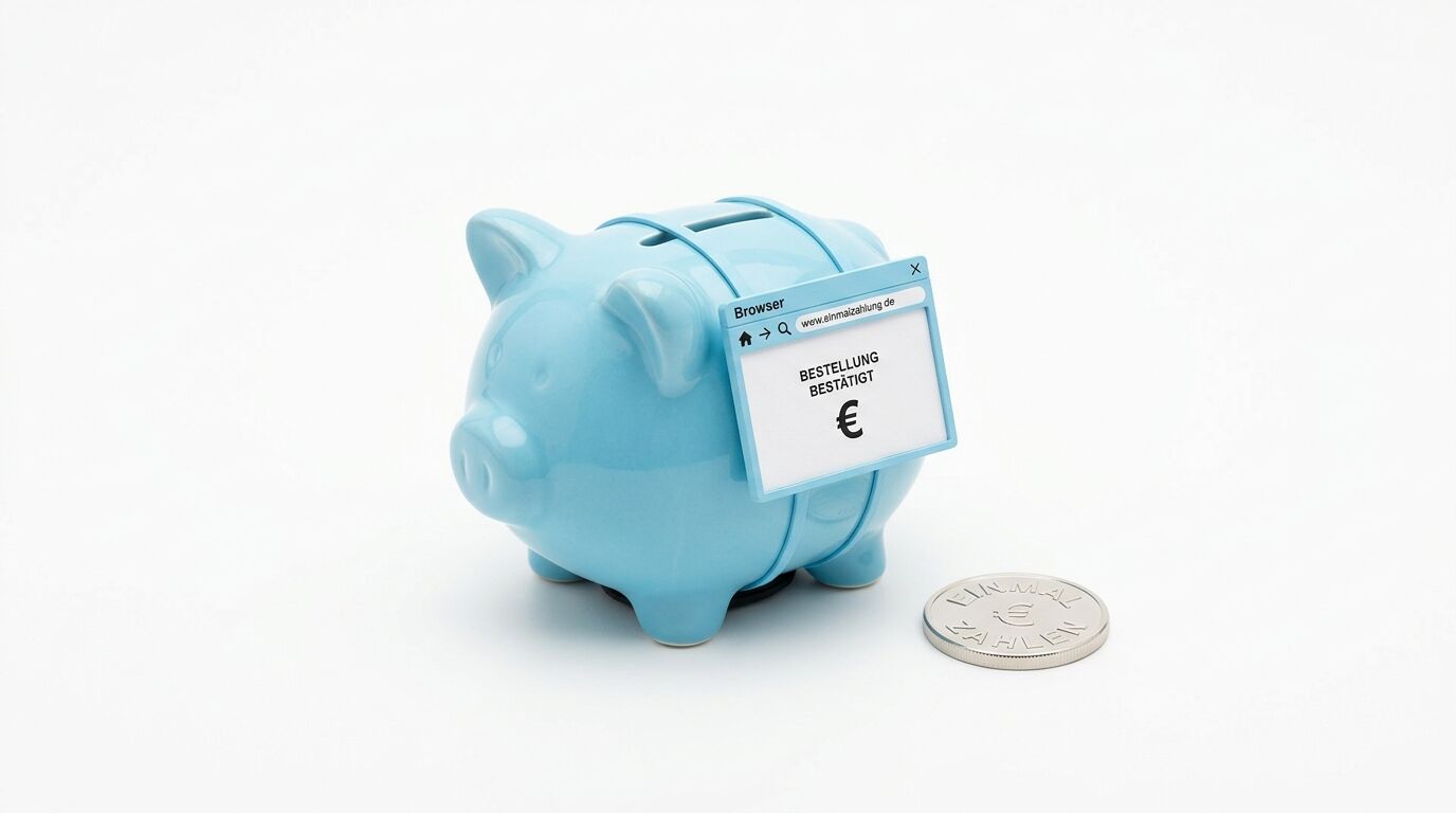 Blau transparentes Sparschwein mit Browser-Fenster auf dem Rücken neben einer Münze