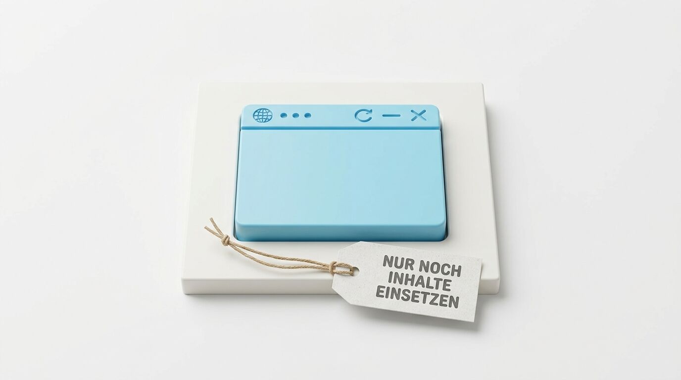 Blauesmodenartig gestaltetes Browserfenster auf weißem Untergrund mit Anhänger "Nur noch Inhalte einsetzen"