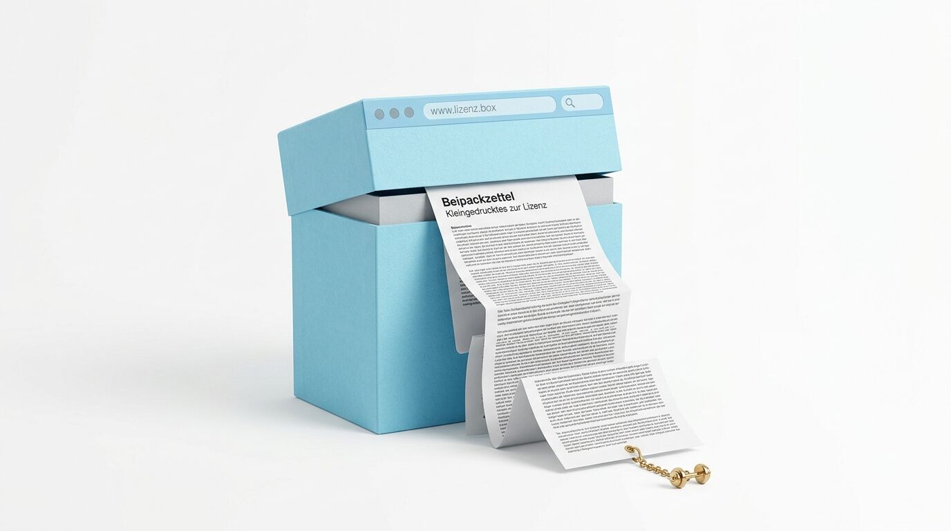 Blaue Box mit Browser-Design, daraus quellende Dokumente mit "Beipackzettel" und goldenen Klammern