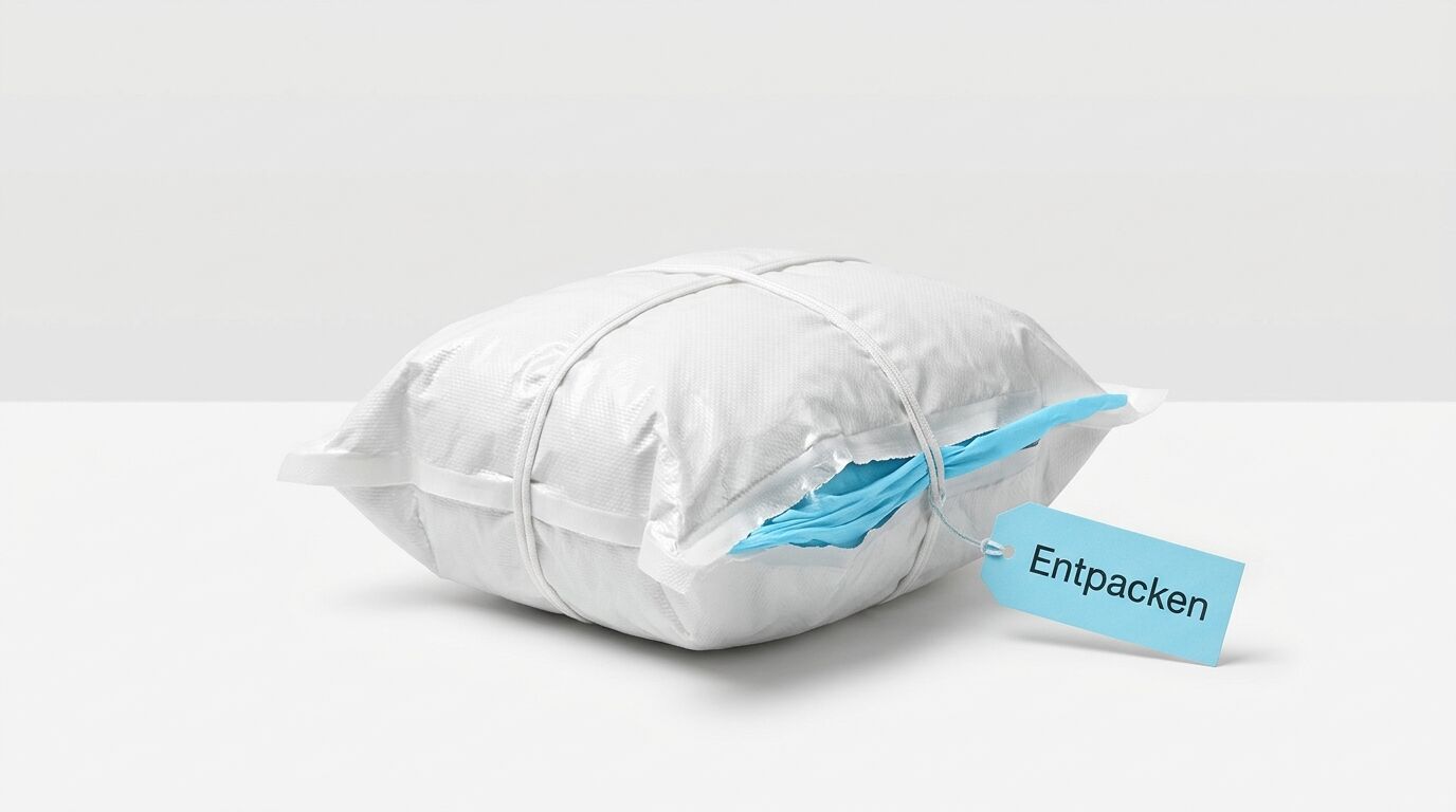 Ein leicht geöffnetes Paket mit hellblauem Inhalt, Schnur und Anhänger „Entpacken“