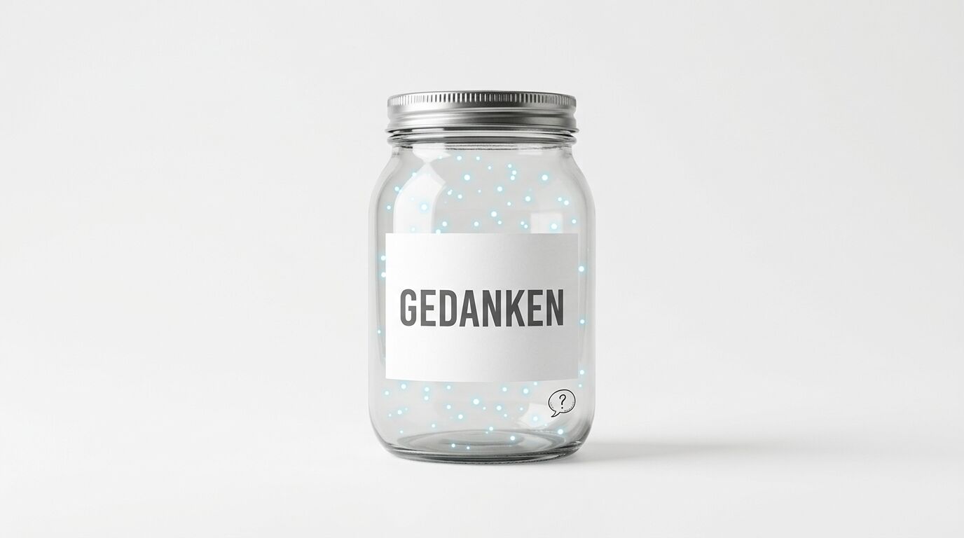 Glas mit Etikett „GEDANKEN“, blauen Lichtpunkten und Fragezeichen