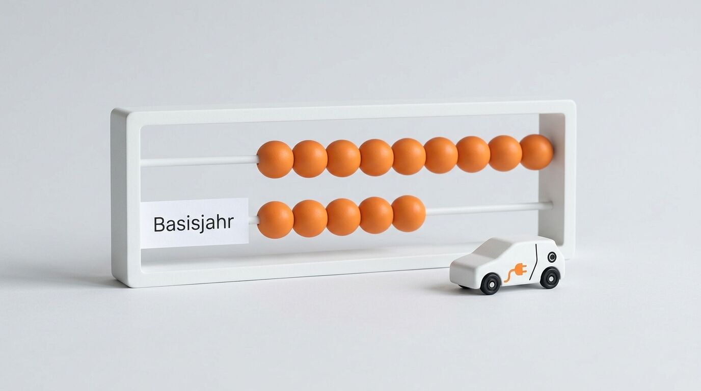 Abakus mit orangefarbenen Kugeln, Aufschrift „Basisjahr“ und weißem Spielzeug-E-Auto davor