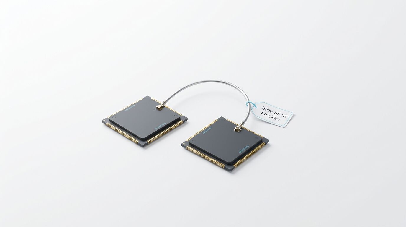 Zwei Mikrochips, verbunden mit Kabel und Etikett „Bitte nicht knicken“ auf weißem Hintergrund