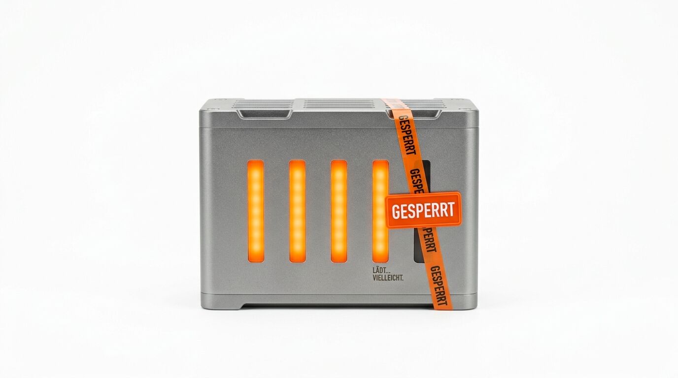Ein graues Gehäuse mit vier leuchtenden orangefarbenen Balken und einem