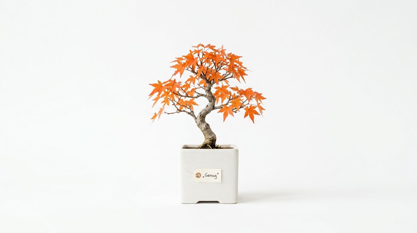 Japanischer Ahornbonsai mit herbstlichem Laub und Topfschild