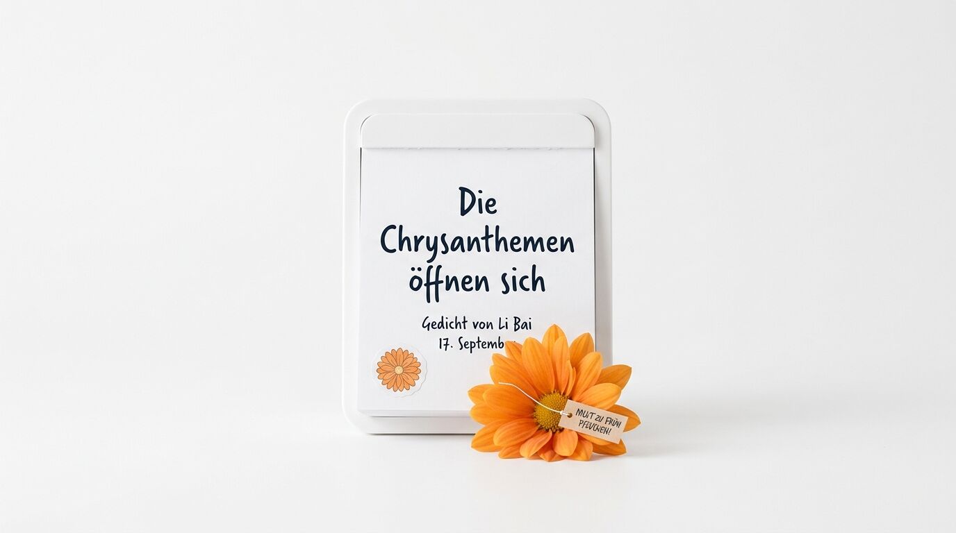 Wandkalender mit Gedichttext und orangefarbener Blüte auf weißem Grund
