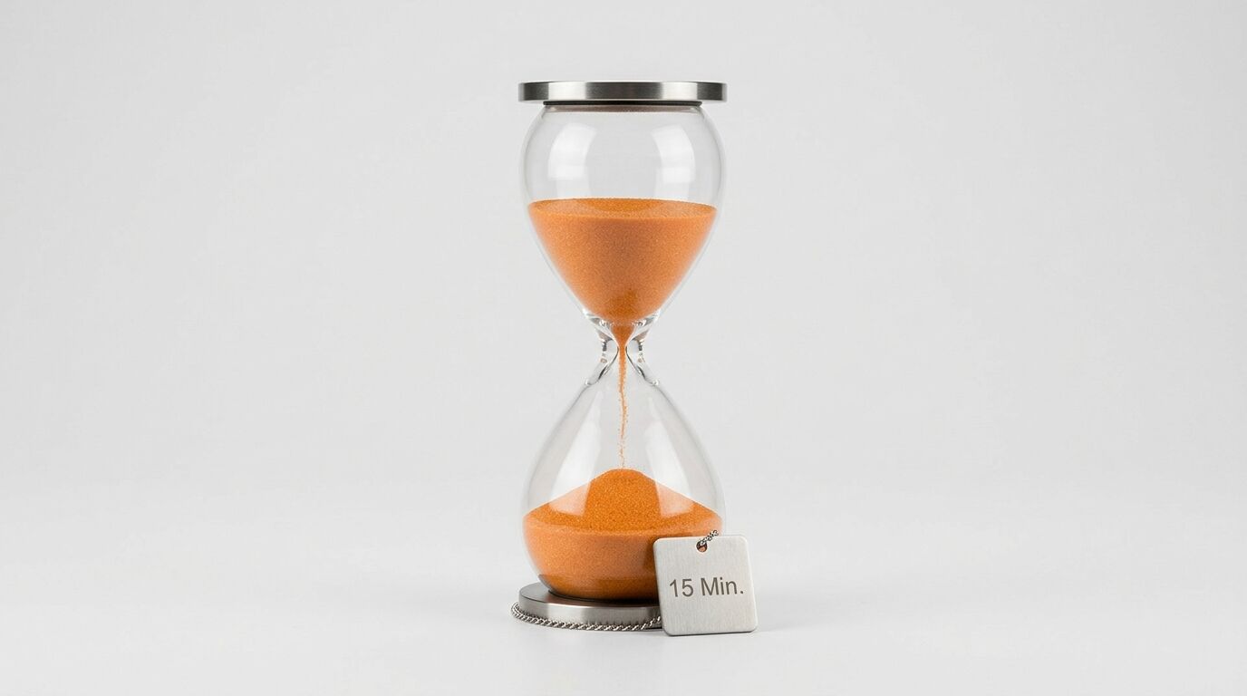 Moderne Sanduhr mit orangefarbenem Sand und Metallsockel; ein Etikett zeigt