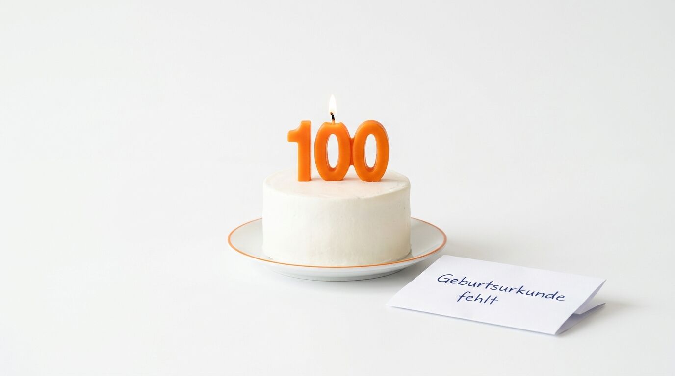 Kuchen mit brennender 100-Kerze und Karte: „Geburtsurkunde fehlt“