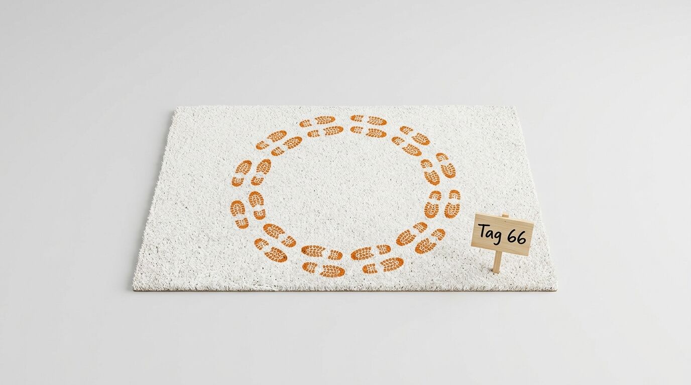 Weiße Fußmatte, Kreis aus orangen Schuhabdrücken, Holzschild