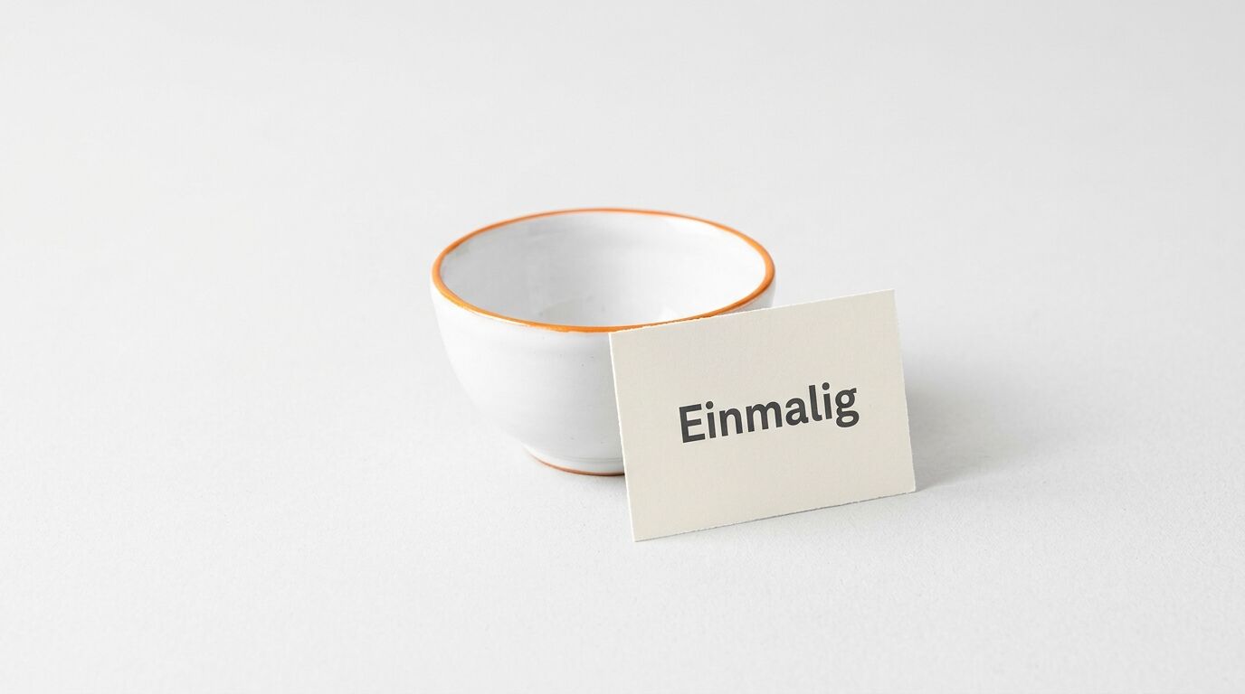 Weiße Schale mit orangem Rand und Kärtchen mit der Aufschrift „Einmalig“