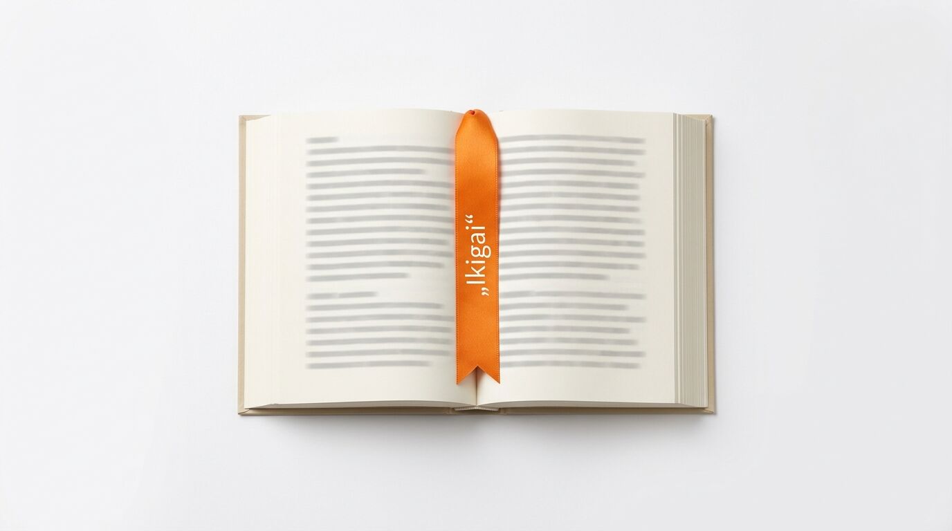 Offenes Buch mit unscharfem Text und orangefarbenem Lesezeichen mit der Aufschrift „Ikigai“