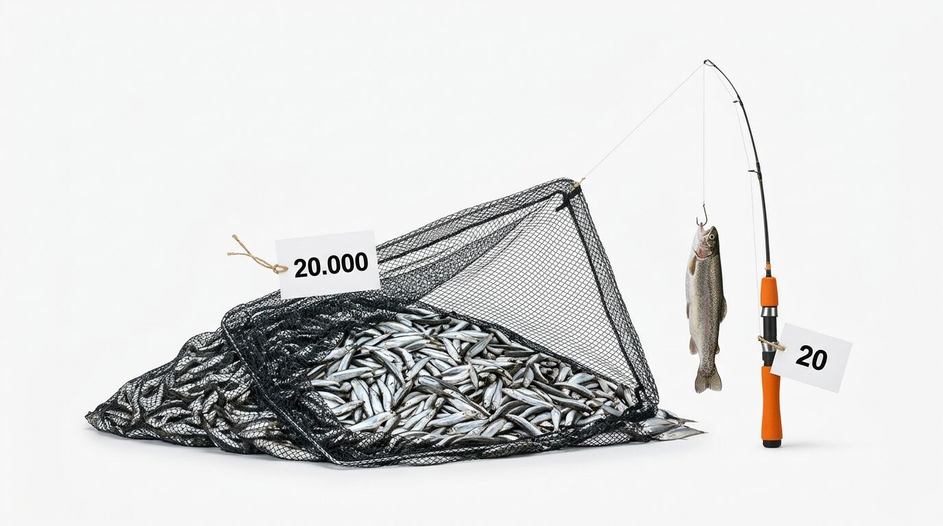 Netz voller kleiner Fische (20.000) und Angel mit großem Fisch (20)