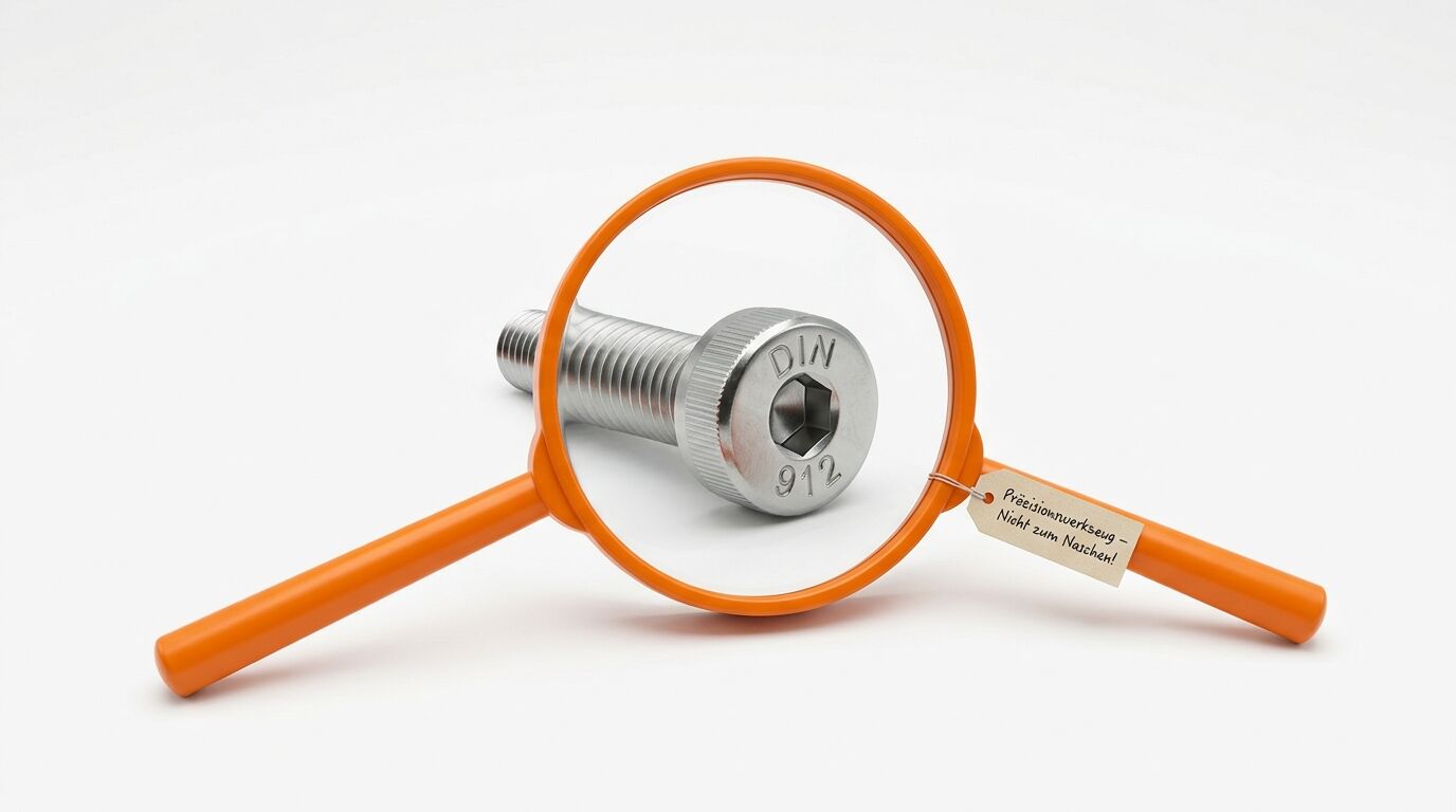 Eine Schraube, betrachtet durch eine orangefarbene Lupe, mit einem kleinen Etikett