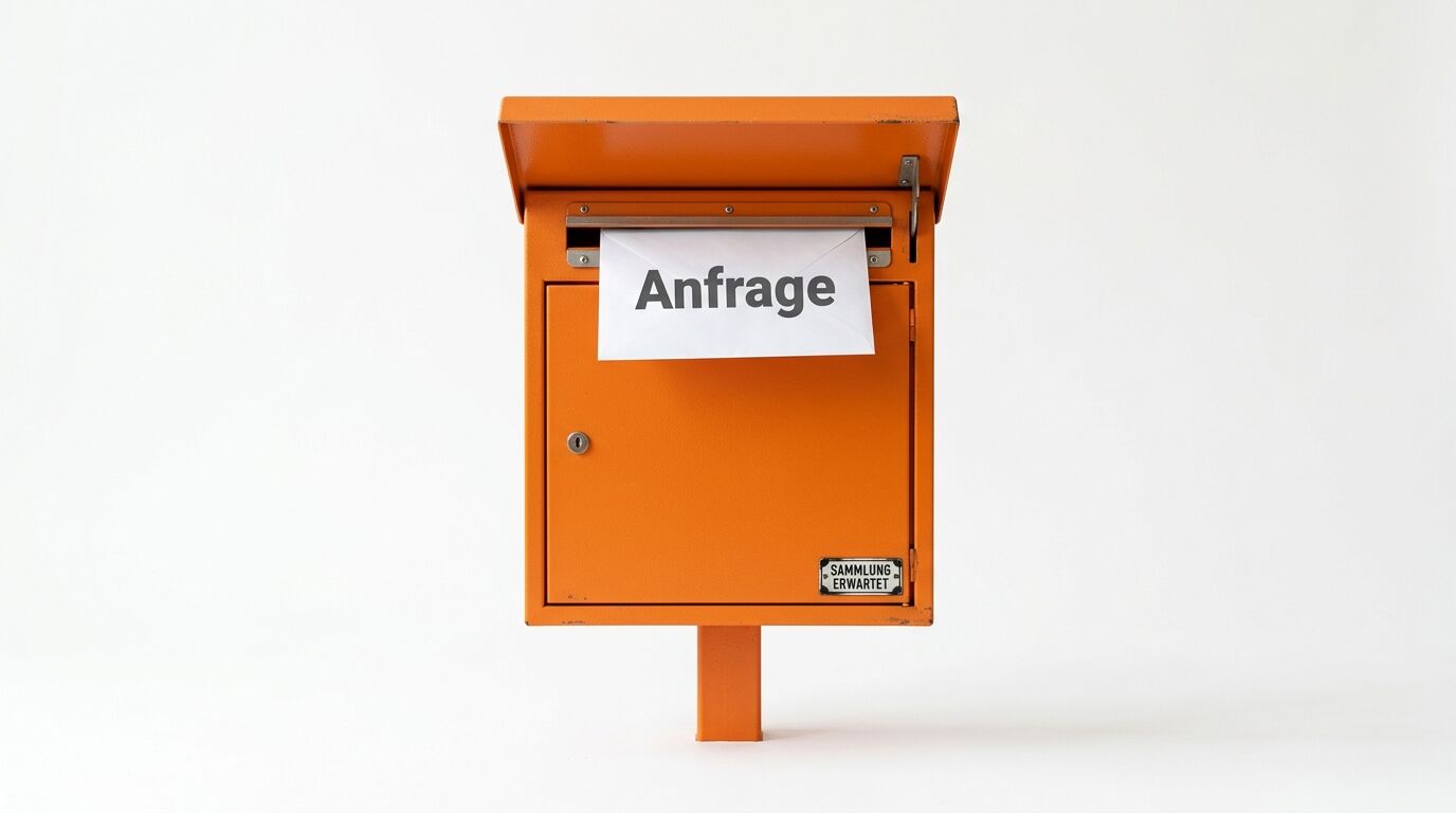 Ein oranger Briefkasten mit einem Brief, der das Wort „Anfrage“ trägt, auf weißem Hintergrund