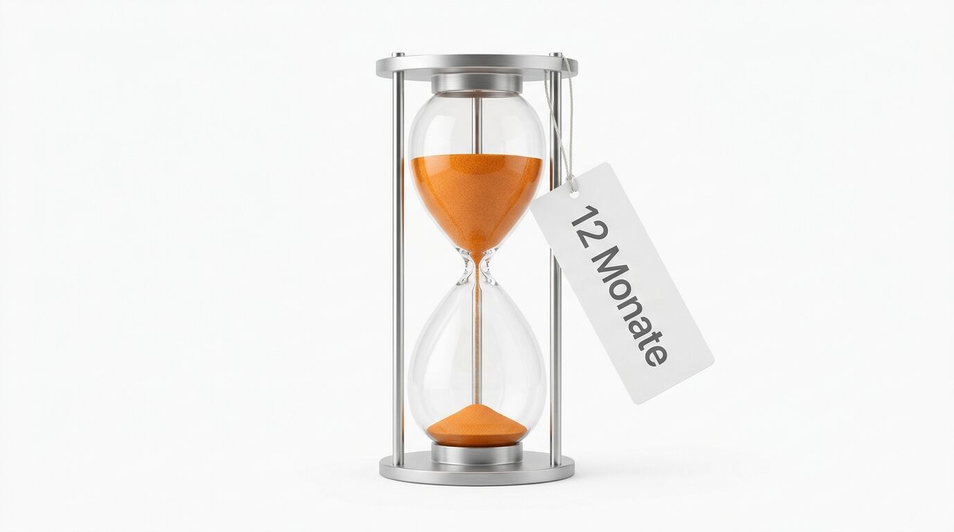 Sanduhr mit orangefarbenem Sand und einem Anhänger mit der Aufschrift „12 Monate“ vor weißem Hintergrund